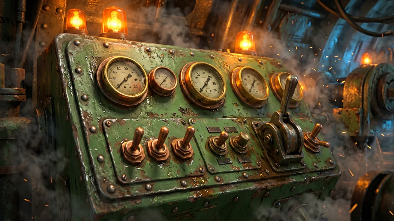 Close-up of a rustic metal control board in a dimly lit bunker featuring heavy brass toggles, mechanical dials, and industrial levers.