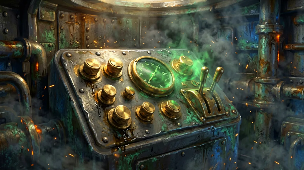A detailed view of a heavy dieselpunk turret control station with brass dials and a small tactical screen, showing interface complexity