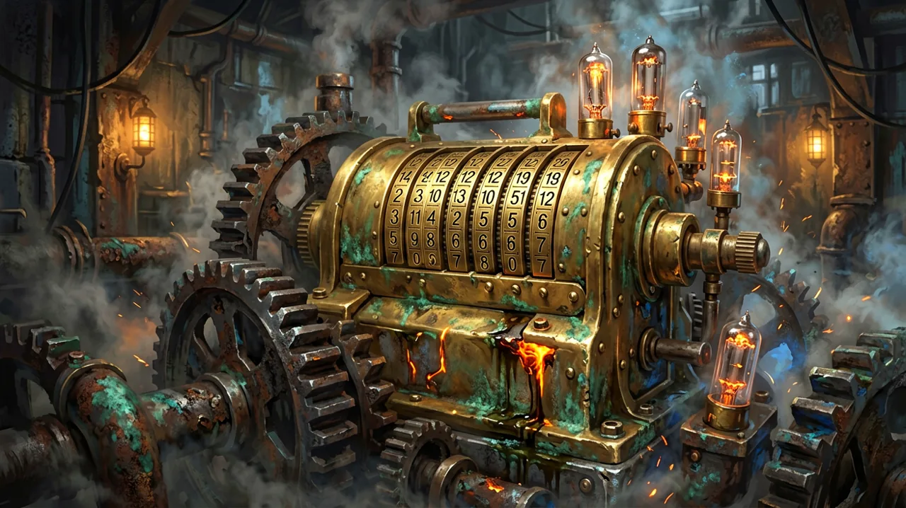 A vintage dieselpunk brass mechanical counter with flipping digits and dark iron gears in a dim bunker.