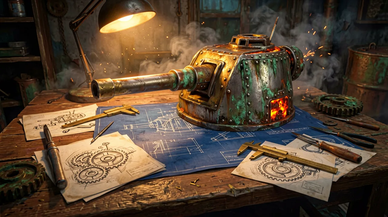 A vintage wooden drafting table scattered with mechanical blueprints of a heavy turret, brass calipers, and pencil sketches, illuminated by a warm desk lamp.
