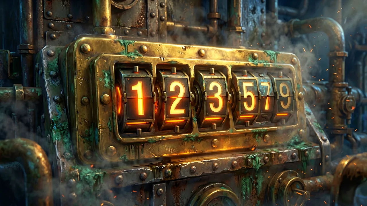 A detailed view of a heavy brass counter mechanism inside a dieselpunk control room showing high numbers