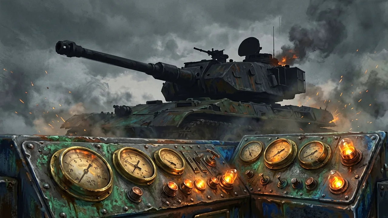 A dark silhouette of a massive dieselpunk heavy artillery turret against an overcast, gloomy battlefield sky.
