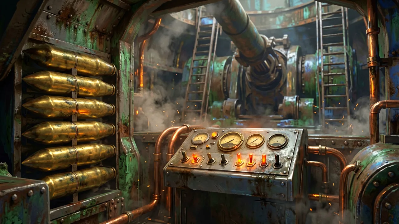 Inside the massive steel structure of a heavy dieselpunk artillery turret, showing brass ammunition cases, physical pressure dials, and complex hydraulic levers.