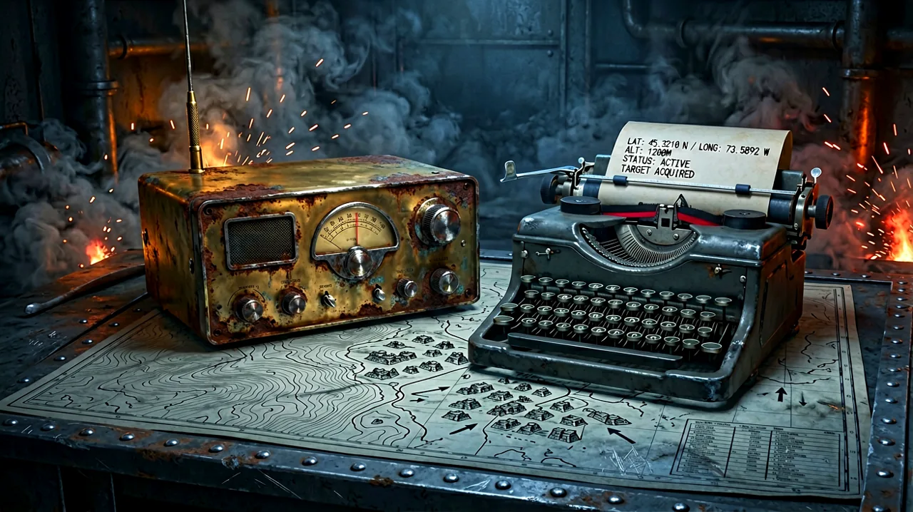 A vintage brass radio receiver and teletype machine printing coordinate ticker tape on a worn tactical map.