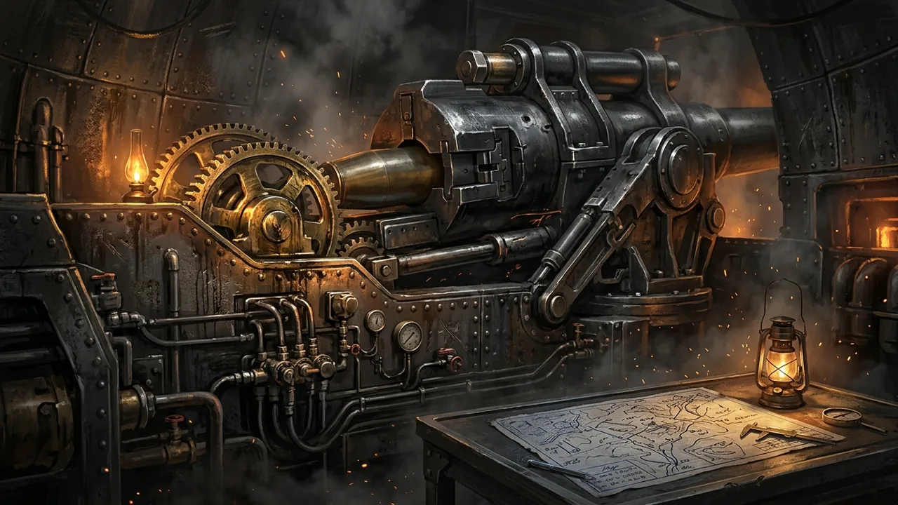 A colossal dieselpunk heavy artillery turret interior showing massive brass gears and hydraulic systems