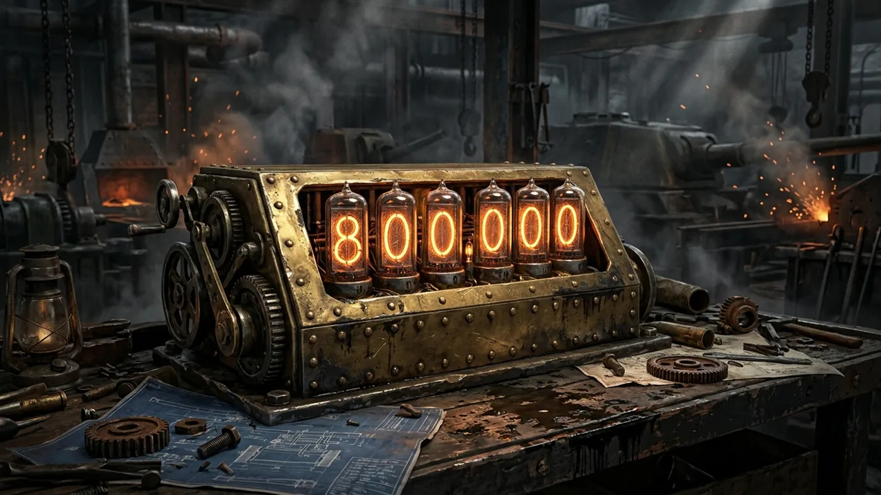 A heavy brass mechanical counter rolling over to the number 800,000 against industrial blueprints.