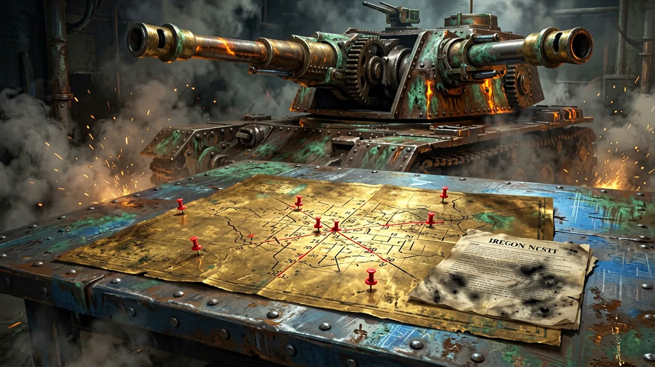 A tarnished brass tactical map scattered with marked coordinates, red pushpins, and a smudged casualty report, set against the dark gears of a dieselpunk heavy turret.