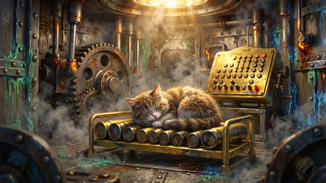 A small feline silhouette resting on a massive steel artillery shell rack inside a dimly lit industrial turret.