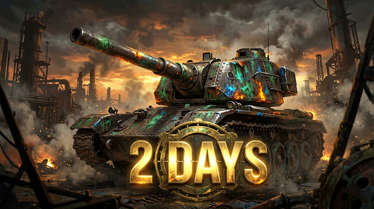 A massive steel artillery turret in silhouette against an industrial sunset, with a glowing brass countdown dial reading 2 DAYS.