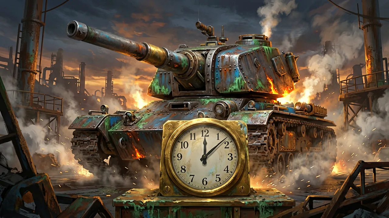 A massive steel turret silhouette against a dark industrial wasteland, featuring a prominent brass countdown dial.