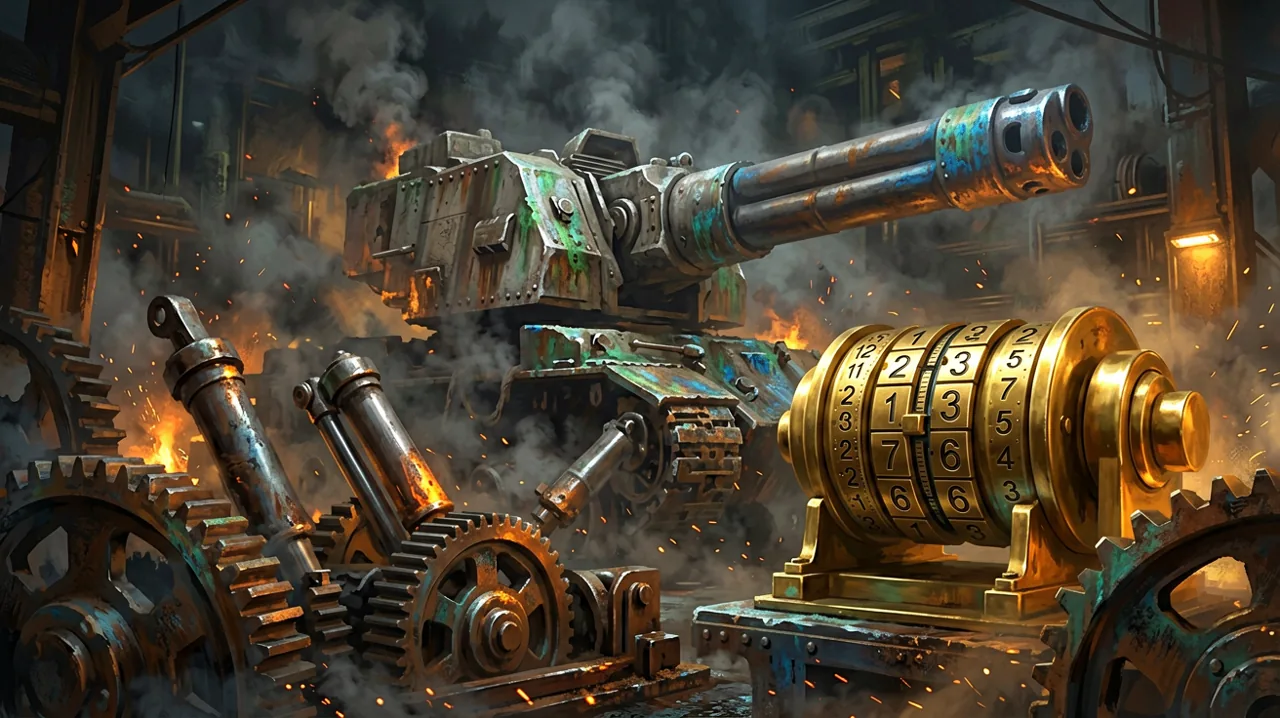 A massive dieselpunk artillery emplacement silhouetted against a dark, industrial background, featuring heavy gears, hydraulic presses, and a brass mechanical counter displaying a high number.