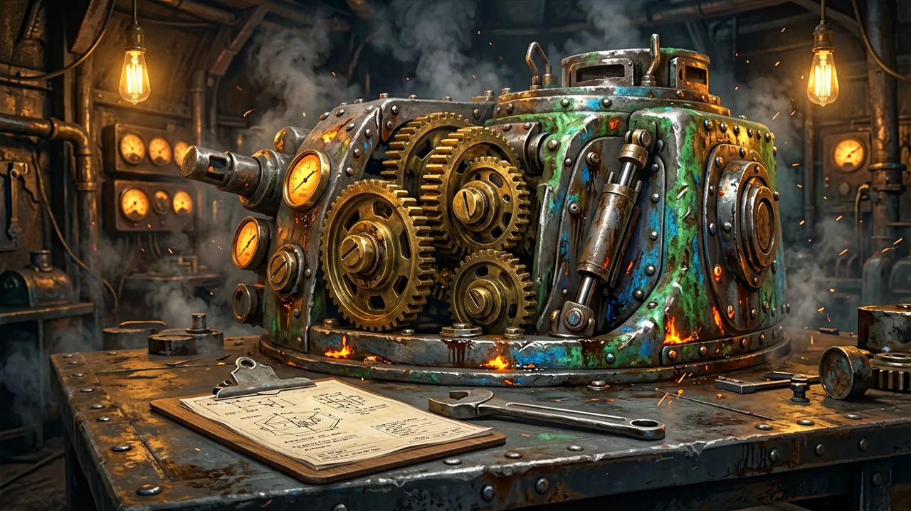A heavy steel wrench and a technical clipboard resting on a workbench inside a massive artillery turret