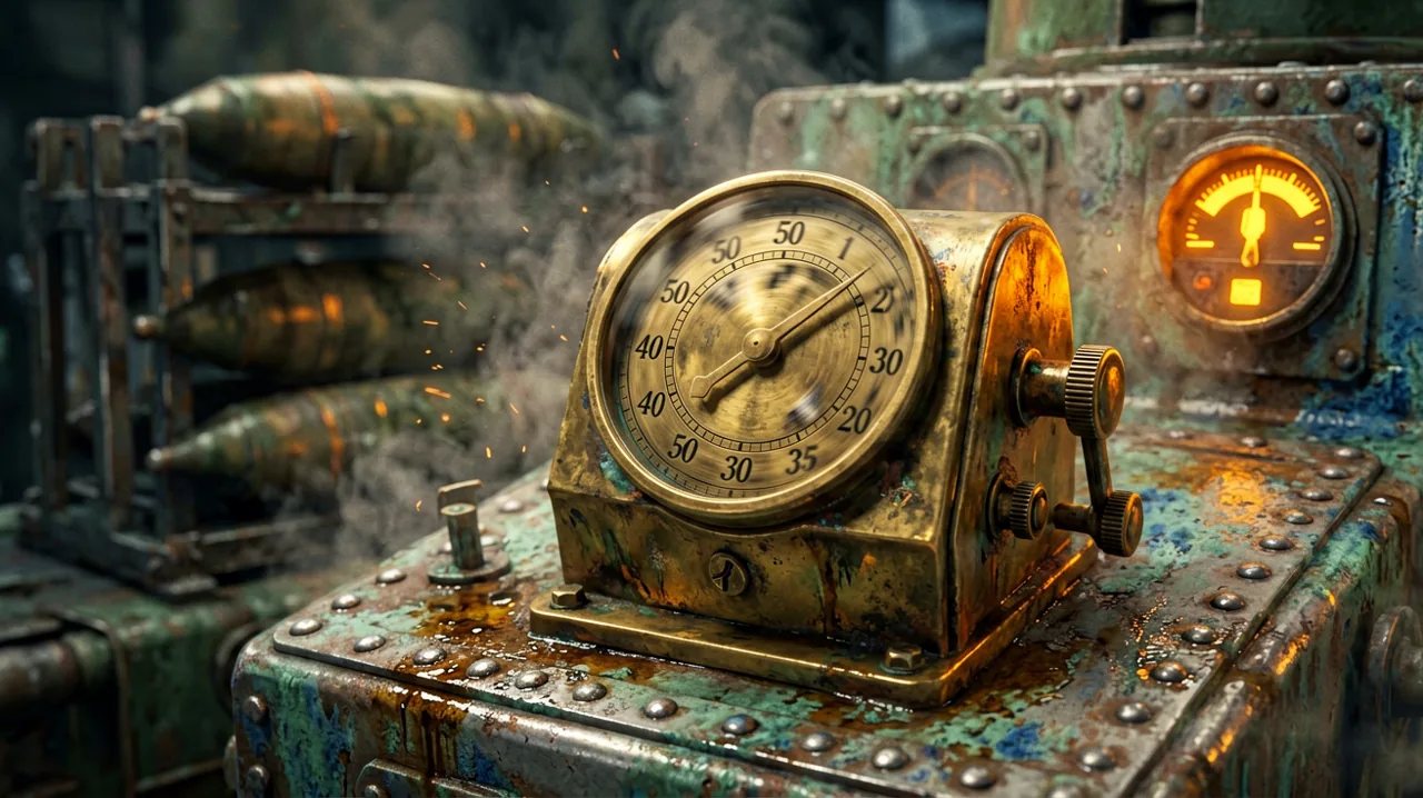 A vintage brass mechanical counter rolling over to the number 200,000, mounted on a heavy artillery control panel.