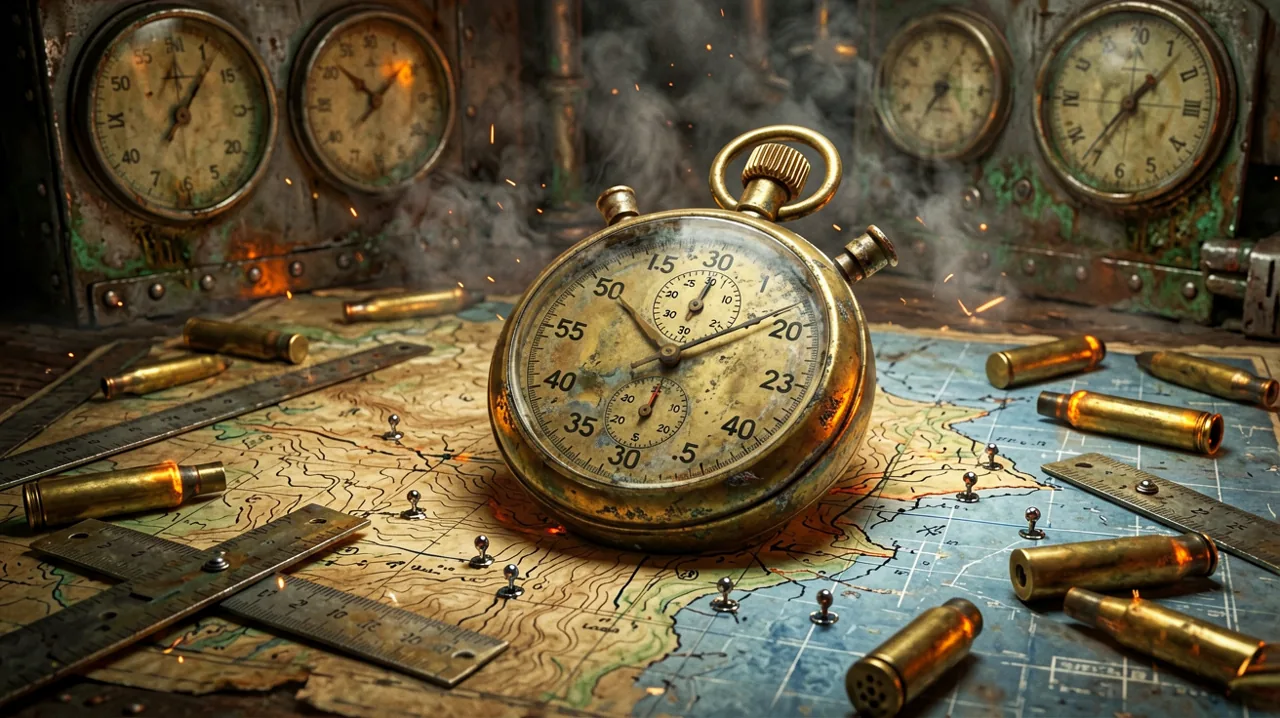 Tarnished brass stopwatch and artillery calculation rulers scattered on a topographical tactical map in a dimly lit industrial bunker.