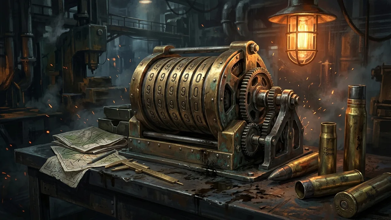 A heavy brass mechanical counting mechanism with spinning gears on an industrial steel workbench, surrounded by spent artillery casings.