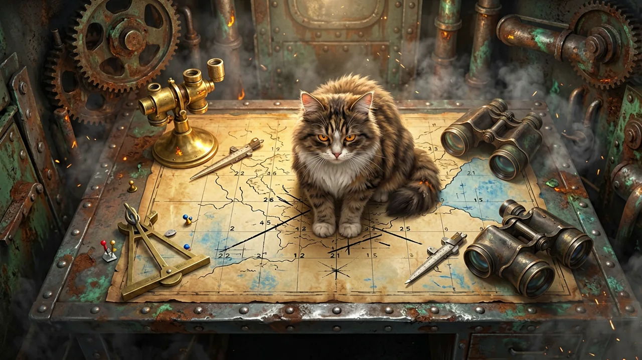 A vintage brass compass, ballistic calculator tools, and a hand-drawn tactical map on an industrial desk, partially obscured by a sitting feline.
