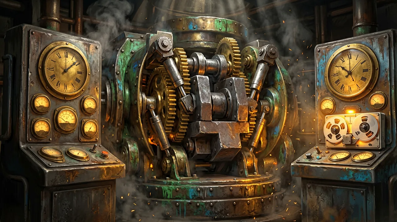 A highly detailed interior view of a colossal dieselpunk heavy artillery turret, focusing on massive brass gears, hydraulic pistons, and a brightly illuminated analog recording dial.