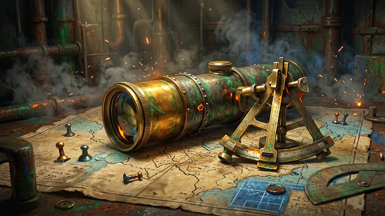 A complex array of brass navigational and ballistic calculation tools resting on a worn map.