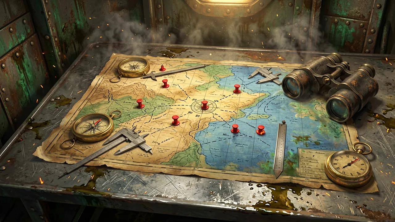 A worn topographical military map spread on a metal table, covered with brass calipers, target pins, and heavy binoculars.