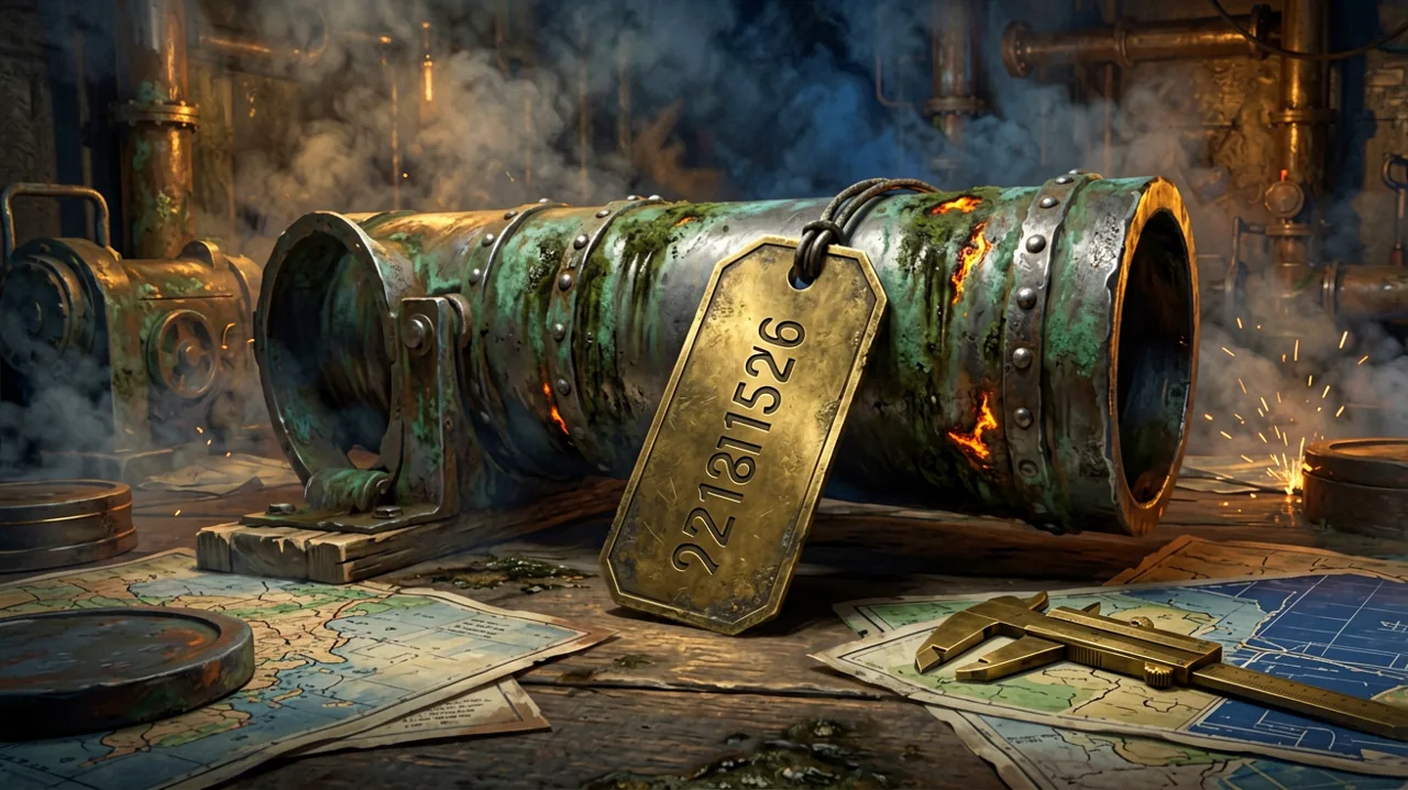A heavy brass price tag resting against a massive artillery shell in a dimly lit industrial setting.