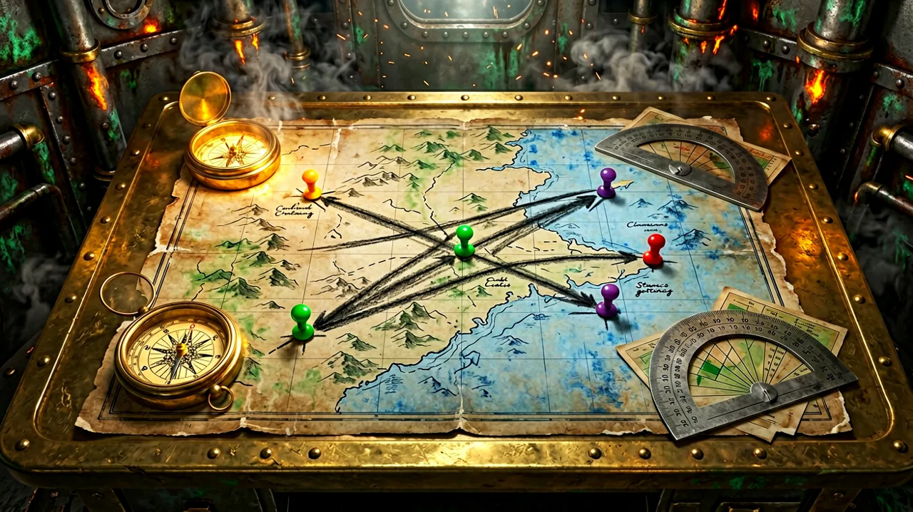 A worn tactical map covered in trajectory lines and brass measuring tools inside a dimly lit industrial command center.
