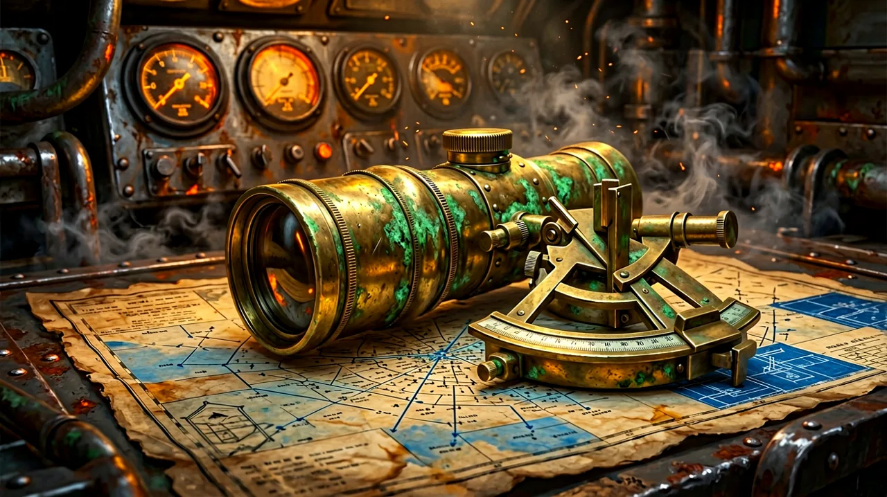 A heavy brass rangefinder and a mechanical ballistic slide rule resting on a worn tactical map, illuminated by the dim glow of a dieselpunk turret dashboard.