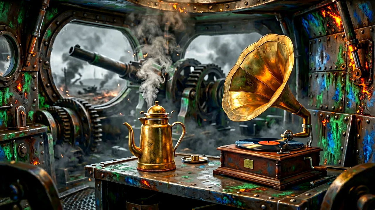 A vintage brass coffee percolator and phonograph sitting inside a heavily armored dieselpunk turret control room.