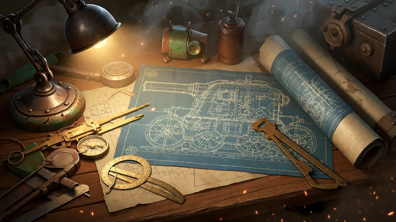 A detailed workbench scene with complex mechanical blueprints of a heavy turret, showcasing the engineering mindset.