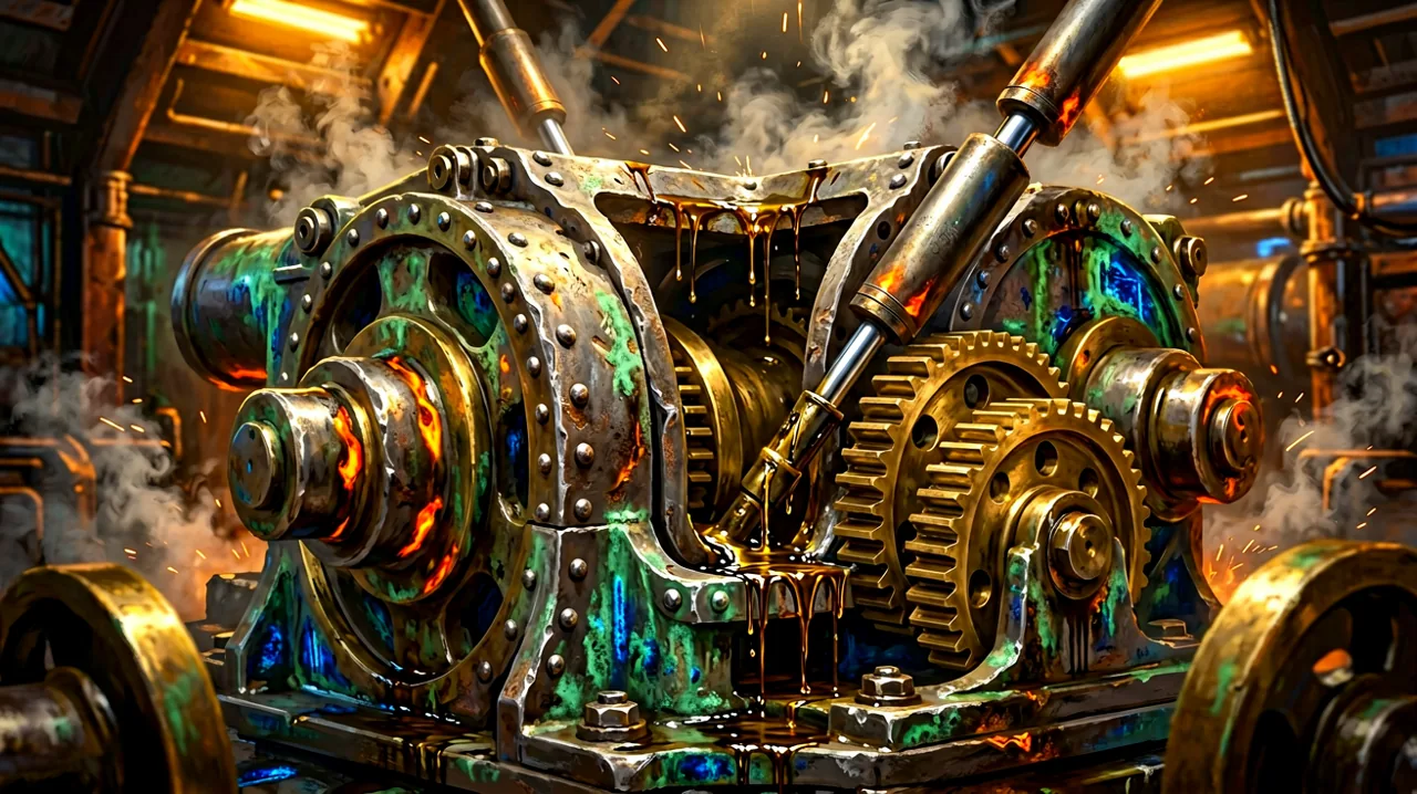 Close-up of intricate heavy artillery breech mechanisms and hydraulic loading pistons.