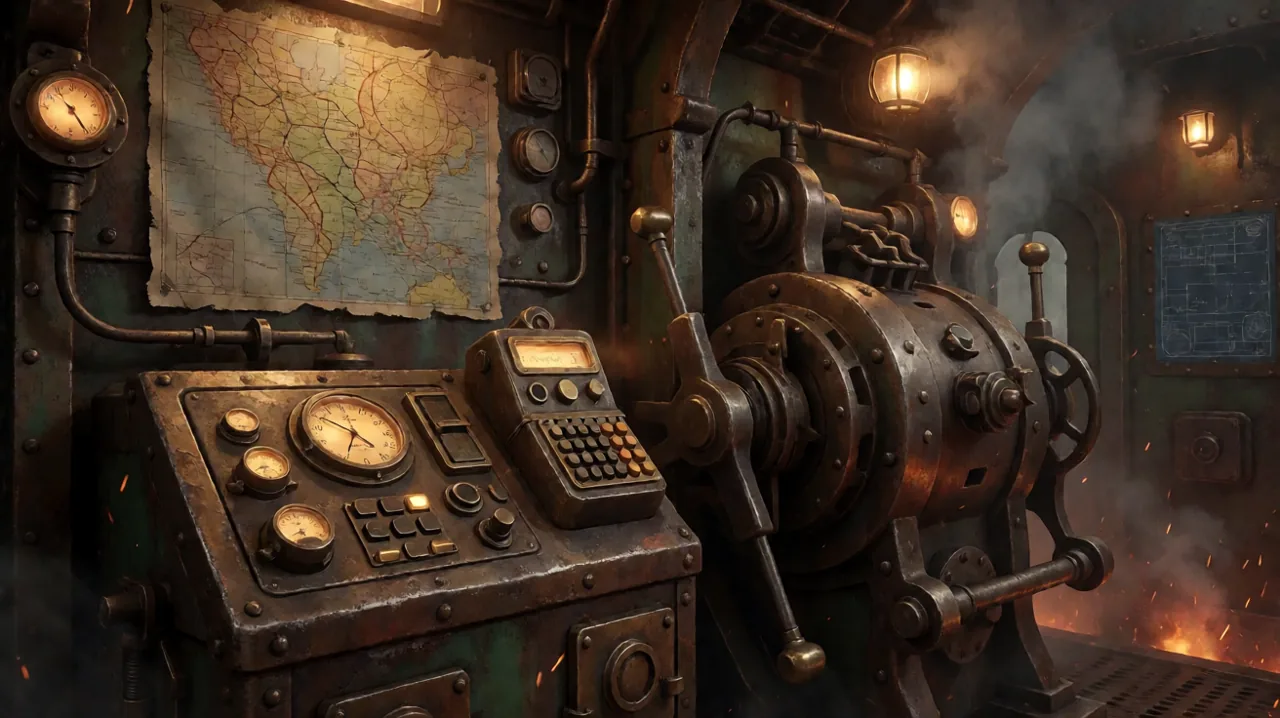 A heavy dieselpunk control console inside a massive artillery turret, featuring glowing brass dials and a tactical map.