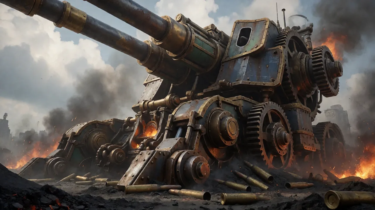 A massive dieselpunk artillery turret on a gritty battlefield, envisioned with extremely long twin cannon barrels extending into the sky.