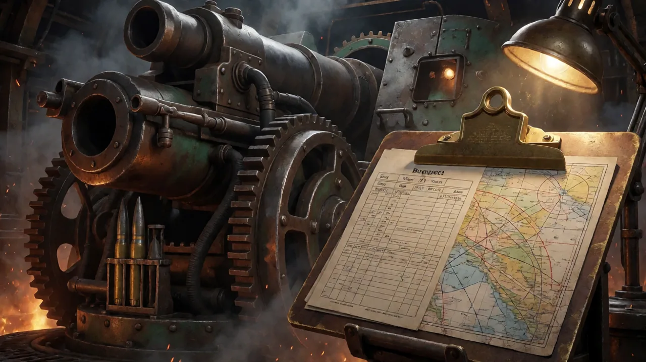 A battered brass clipboard with a budget ledger resting on a tactical map inside a dieselpunk artillery turret.