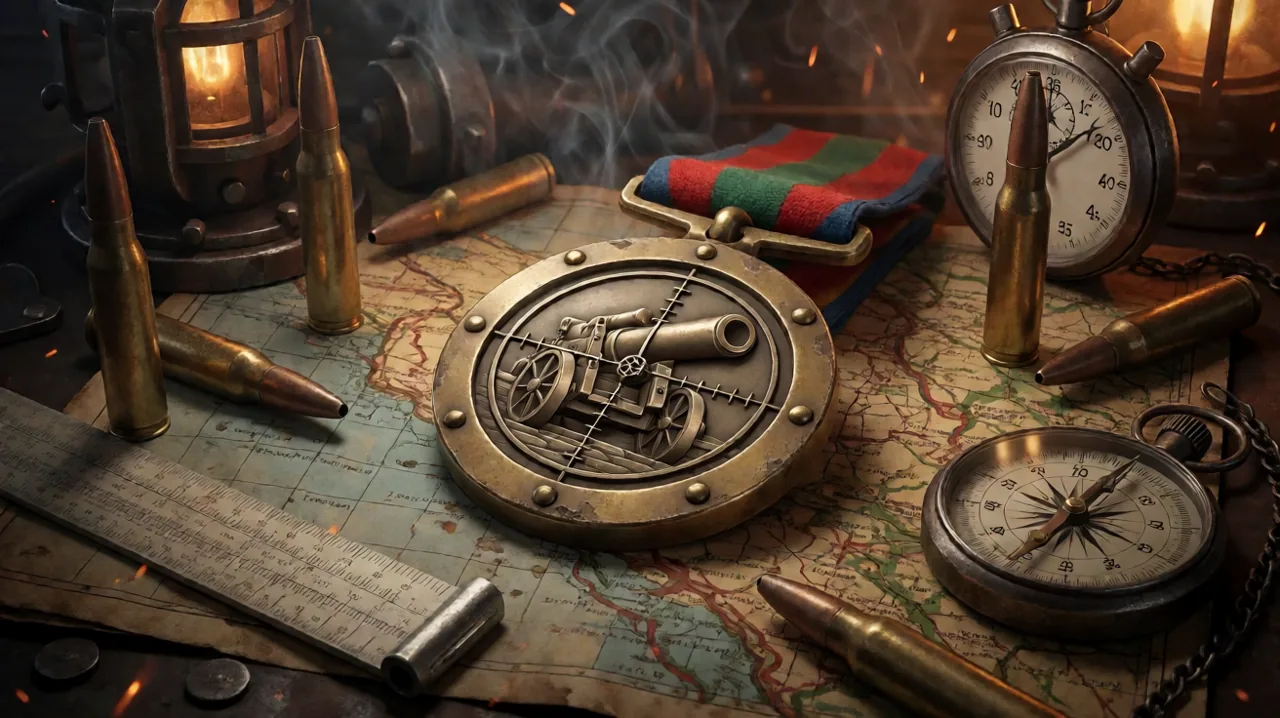 A heavy brass achievement medal resting on a grease-stained tactical map surrounded by spent artillery casings.