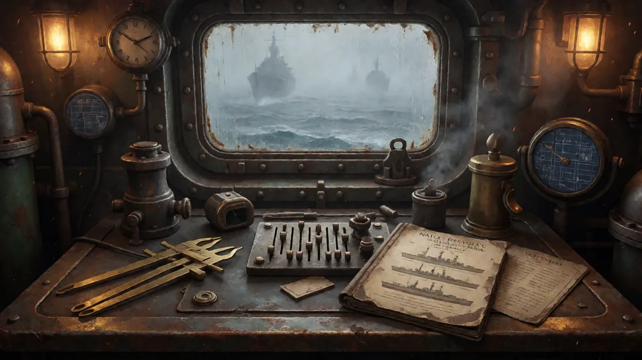 A heavy dieselpunk coastal artillery emplacement aiming out over a dark foggy ocean strait.