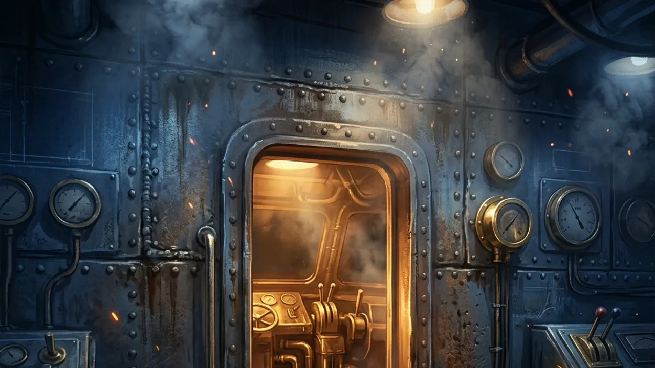A glowing 'DEMO DEPLOYED' stencil on a riveted iron bulkhead in a dieselpunk control room.