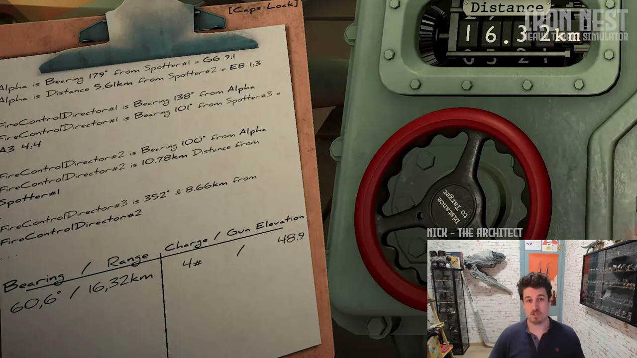 Official IRON NEST behind-the-scenes video frame showing the game map and a set of task and fire-control materials.
