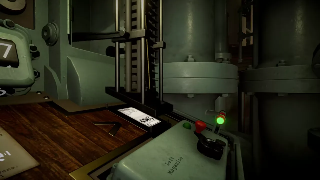 Official IRON NEST launch-trailer frame showing a red-lit turret corridor and a mechanical control panel.