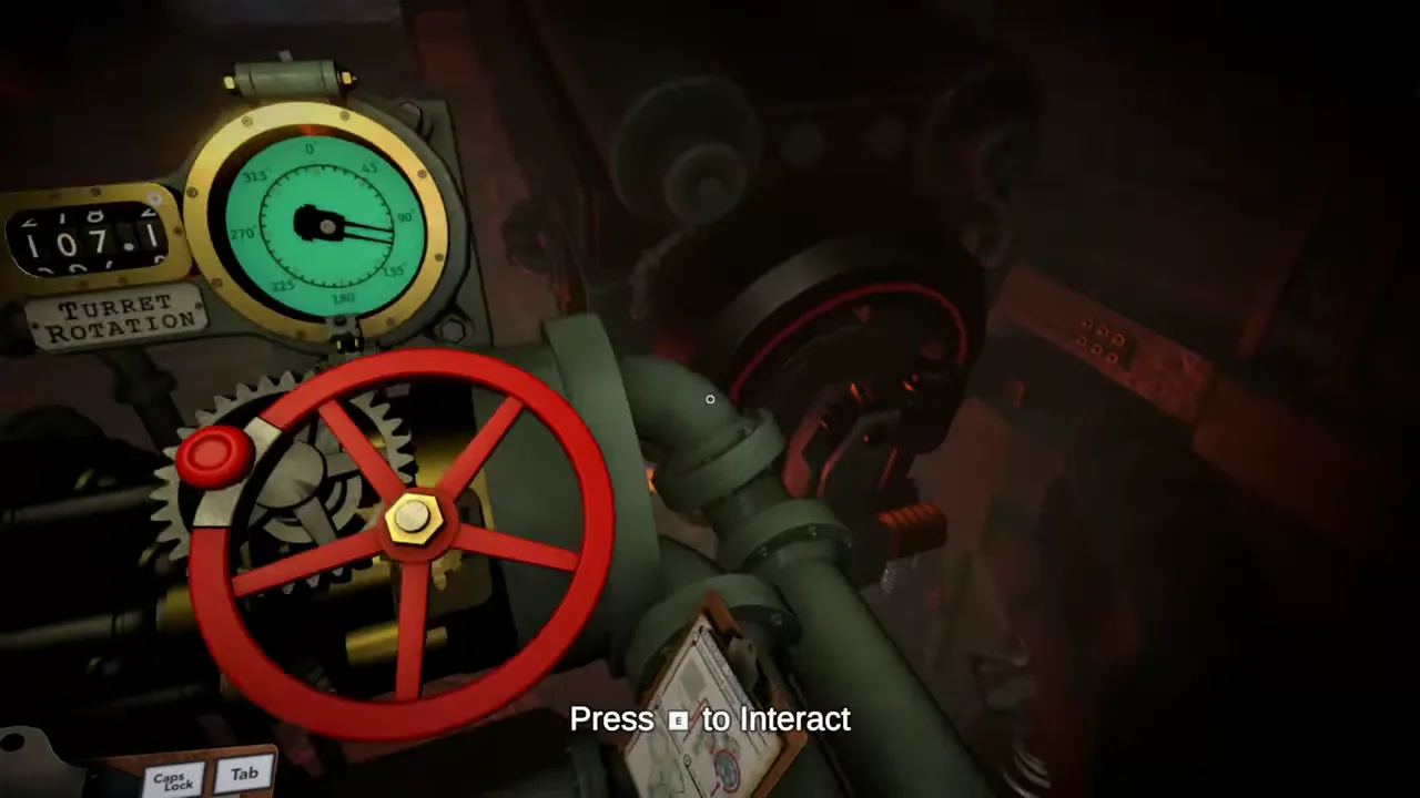 The red turret-rotation handwheel and green bearing gauge inside the IRON NEST during the official launch trailer