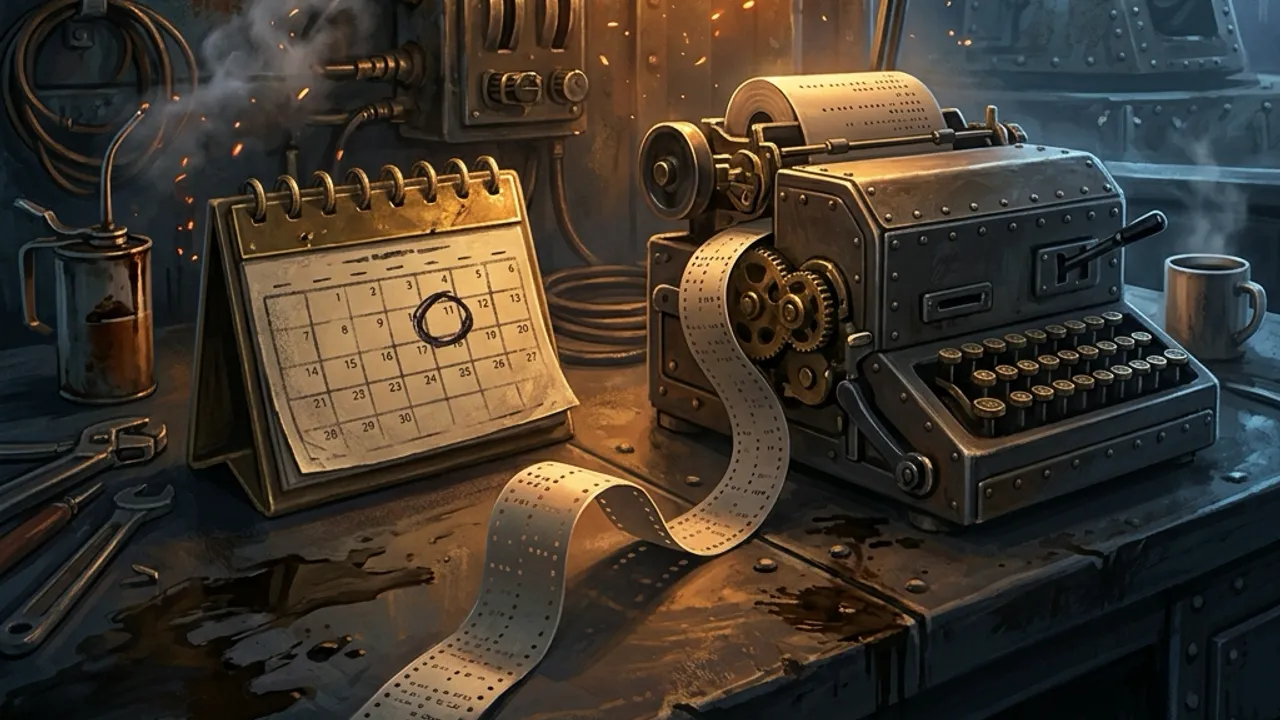 A brass desk calendar with a circled date and a teleprinter ribbon reading 'LAUNCH WINDOW'.