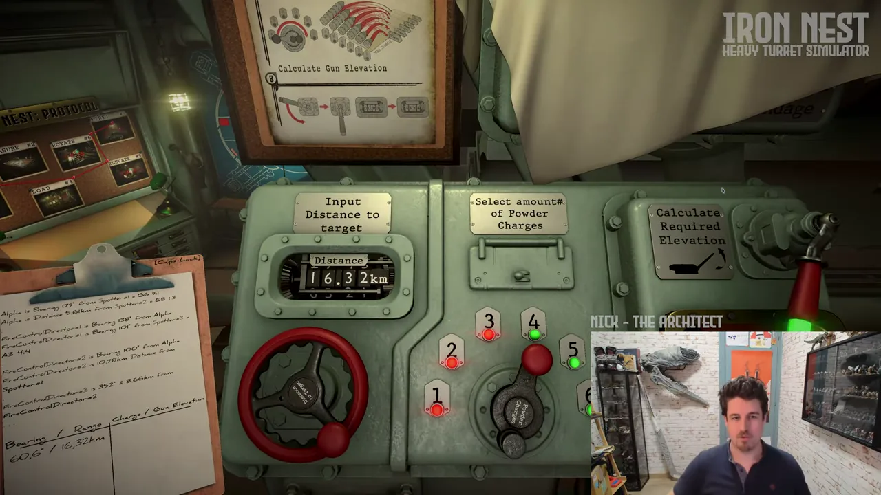 Official IRON NEST behind-the-scenes video frame showing the game development workspace and a physical map interface.
