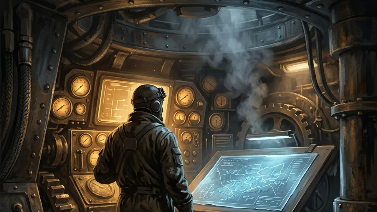 An operator silhouetted against glowing gauges and a tactical map inside a dieselpunk turret.