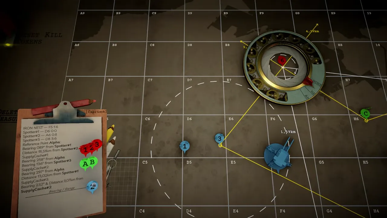 Official IRON NEST demo-trailer frame showing the physical turret controls and the nearby map workspace after a shift in operator focus.