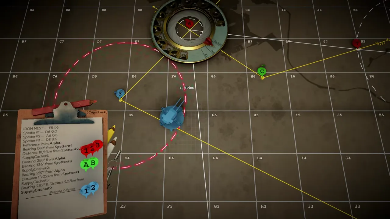 Official IRON NEST demo-trailer frame looking across the turret interior toward a map and fire-control instruments.