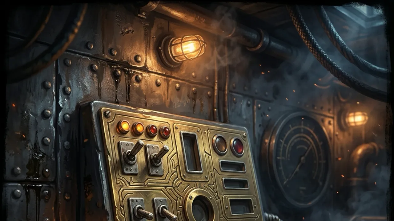 An engraved brass upgrade board with switches, indicator lamps and labelled unlock slots.