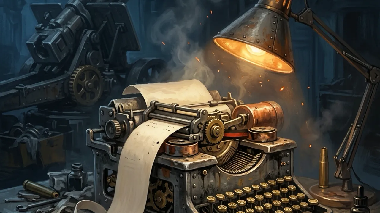 A dieselpunk teleprinter clattering out a paper ribbon of coded orders under a desk lamp.
