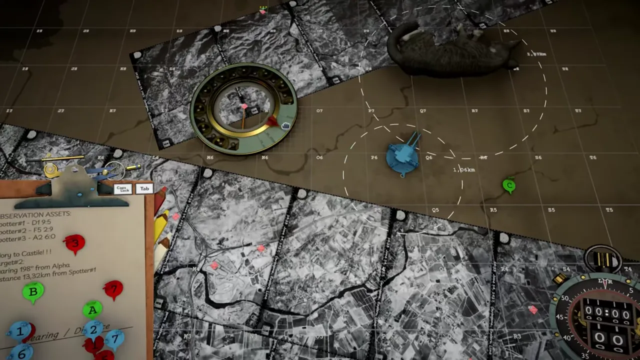 IRON NEST tactical map covered with black-and-white aerial photographs, observer markers, plotted lines and a brass measuring instrument