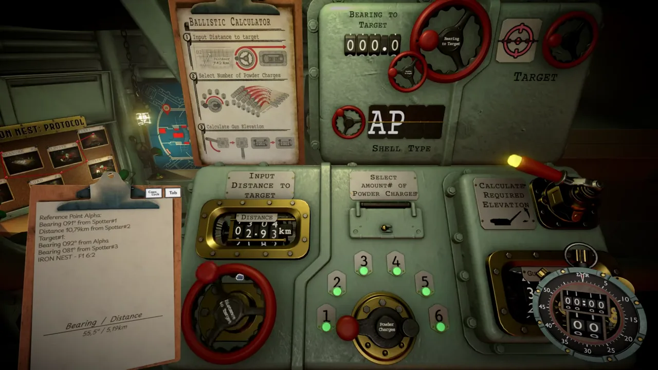 IRON NEST ballistic calculator set to AP with a 2.93-kilometre range, charge selector lamps and a mechanical elevation output