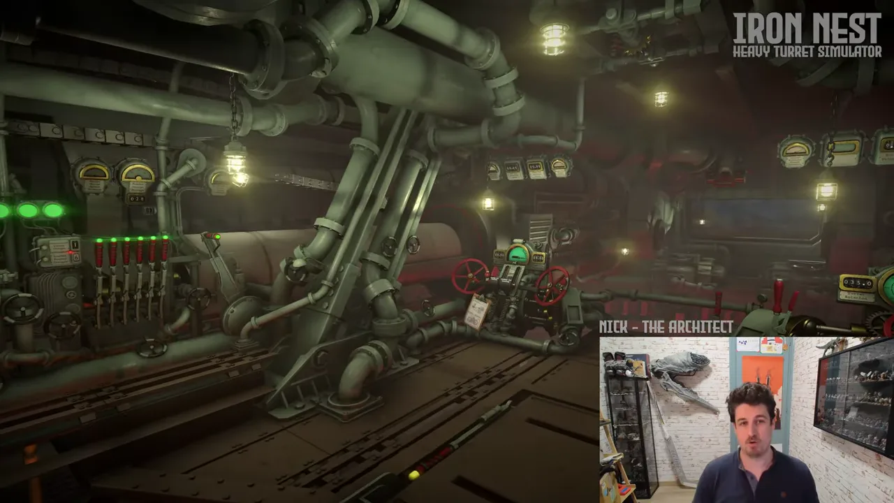 Official IRON NEST developer-video frame showing separate heavy-turret controls used to configure an artillery action.