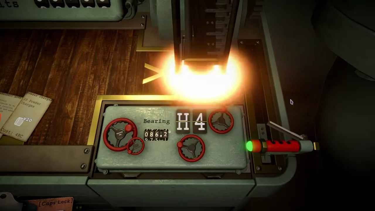 Official IRON NEST demo-video frame showing the heavy-artillery operator workspace and its in-game mechanical stations.