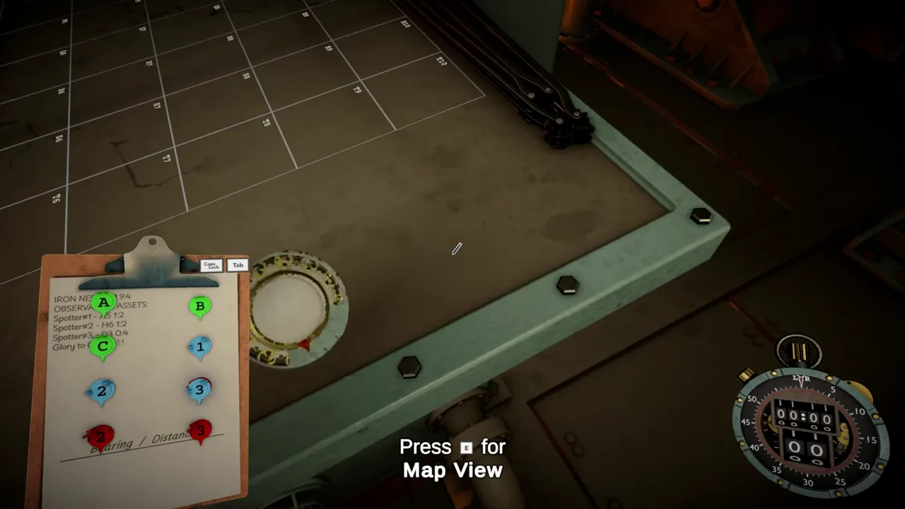 IRON NEST tactical map with observer markers, grid references, a brass range instrument and a task clipboard awaiting a completed construction
